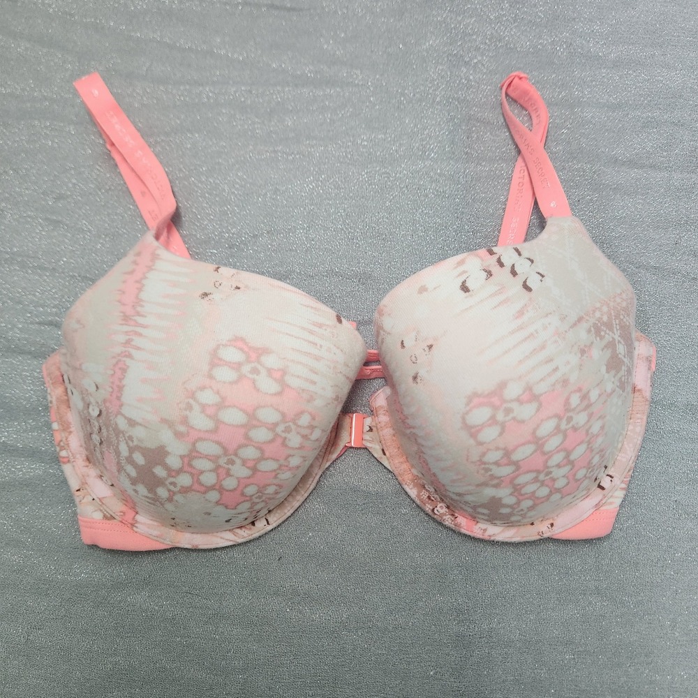 Victoria's Secret Lined Demi Bra 36DD Coral Pink White Strappy Back Front Clasp